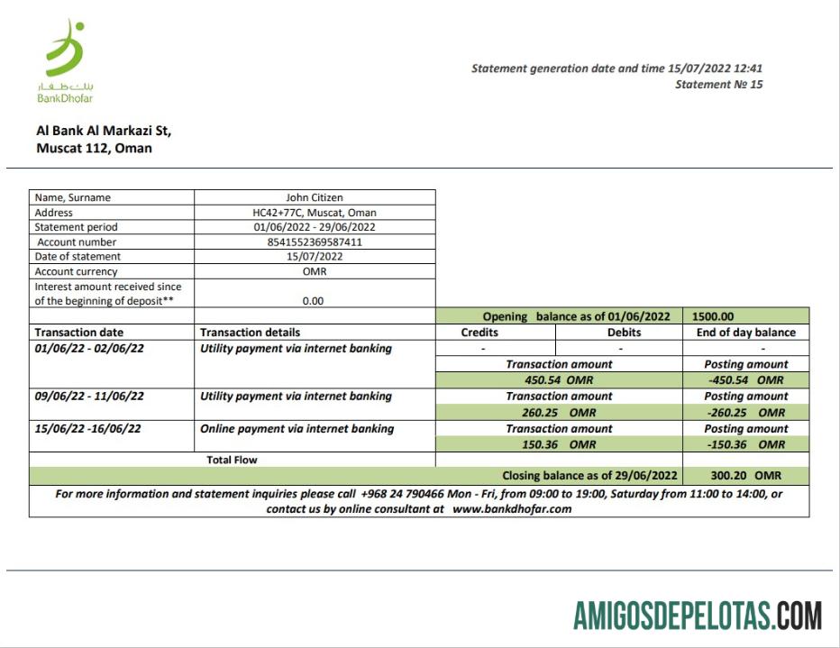 Exemplo de extrato bancário do Oman Bank Dhofar